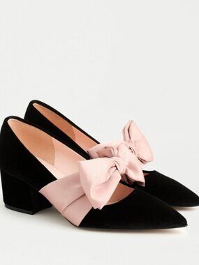 J.Crew Velvet Block Heel Pumps w/ Satin Bow – Black & Blush Pink Statement Shoe